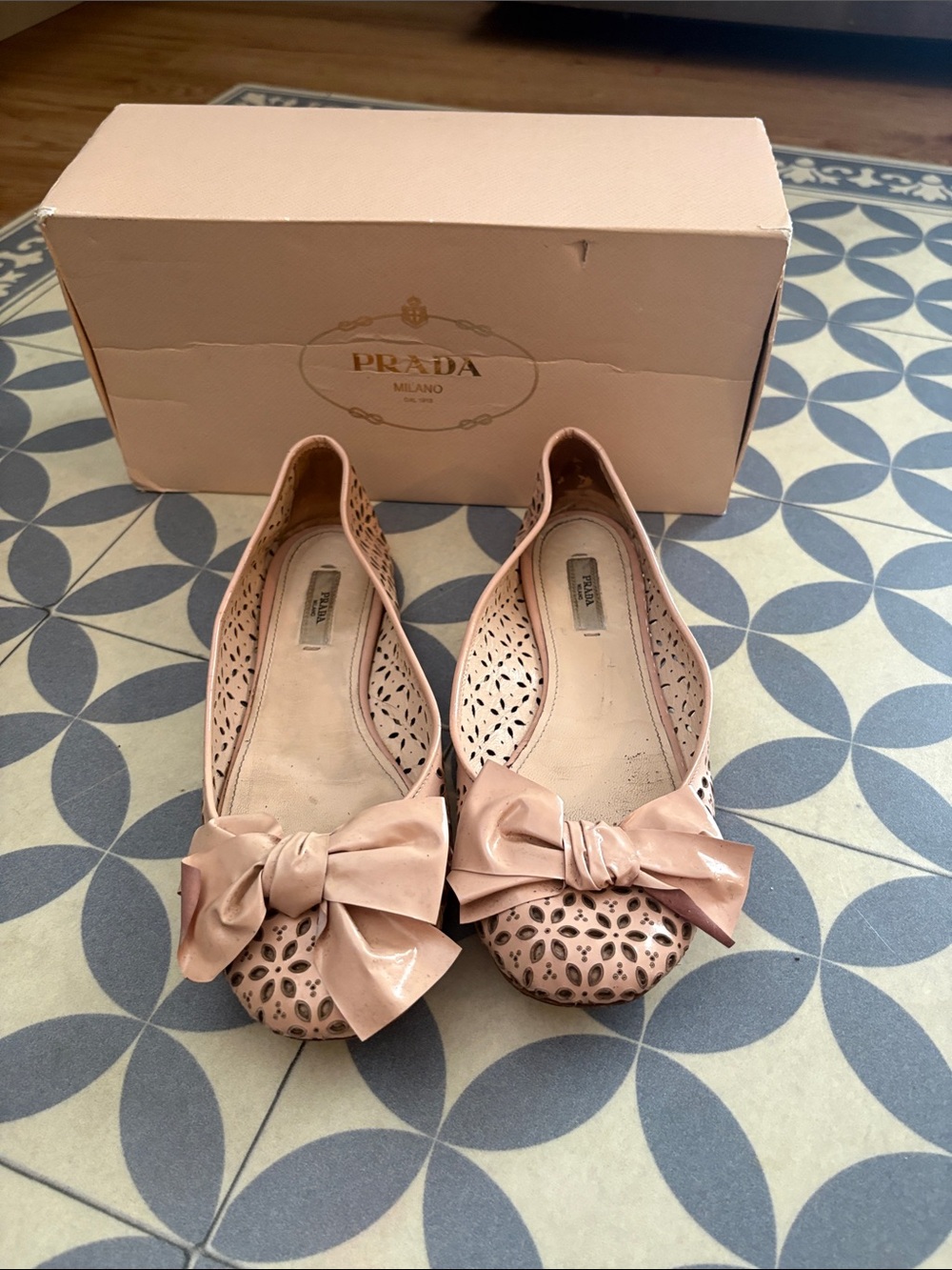 Prada Blush Pink Laser-Cut Bow Ballet Flats -38